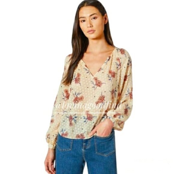 JOIE Peach Sheer Floral Polka Dot Summer Adison Silk Long Sleeve Shirt EUC sz M - Picture 13 of 16